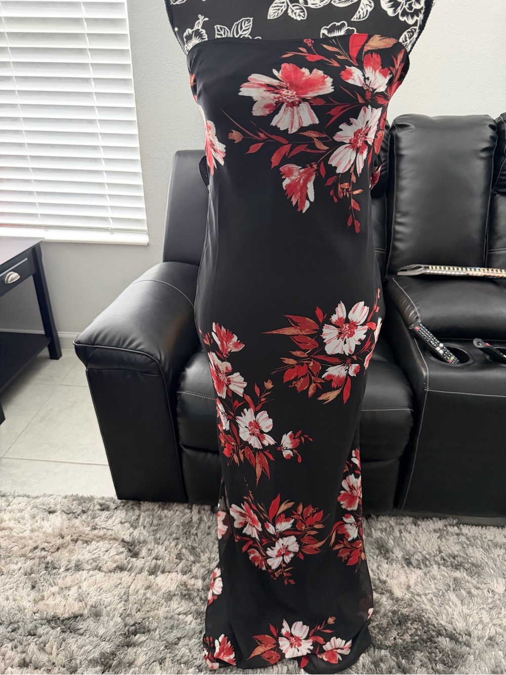 JLUXLABEL Black Strapless Maxi Dress with Red & White Floral Print